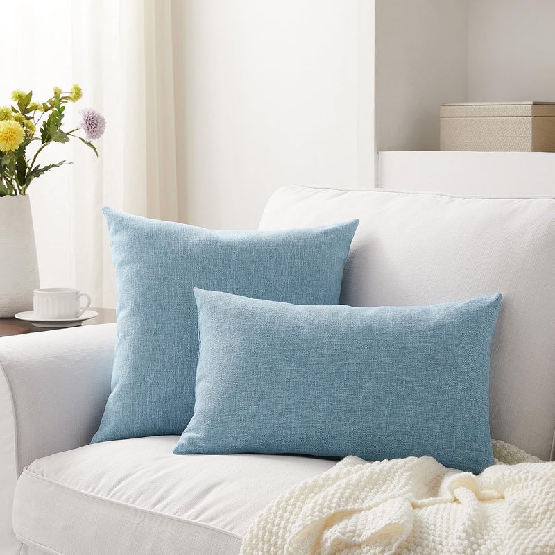 Meekio Set of 2 Light Blue Pillow Covers 20 x 20 Inch Farmhouse Boho Decorative Throw Pillow Covers Linen Cushion Covers for Sofa Couch D?cor - Image 2